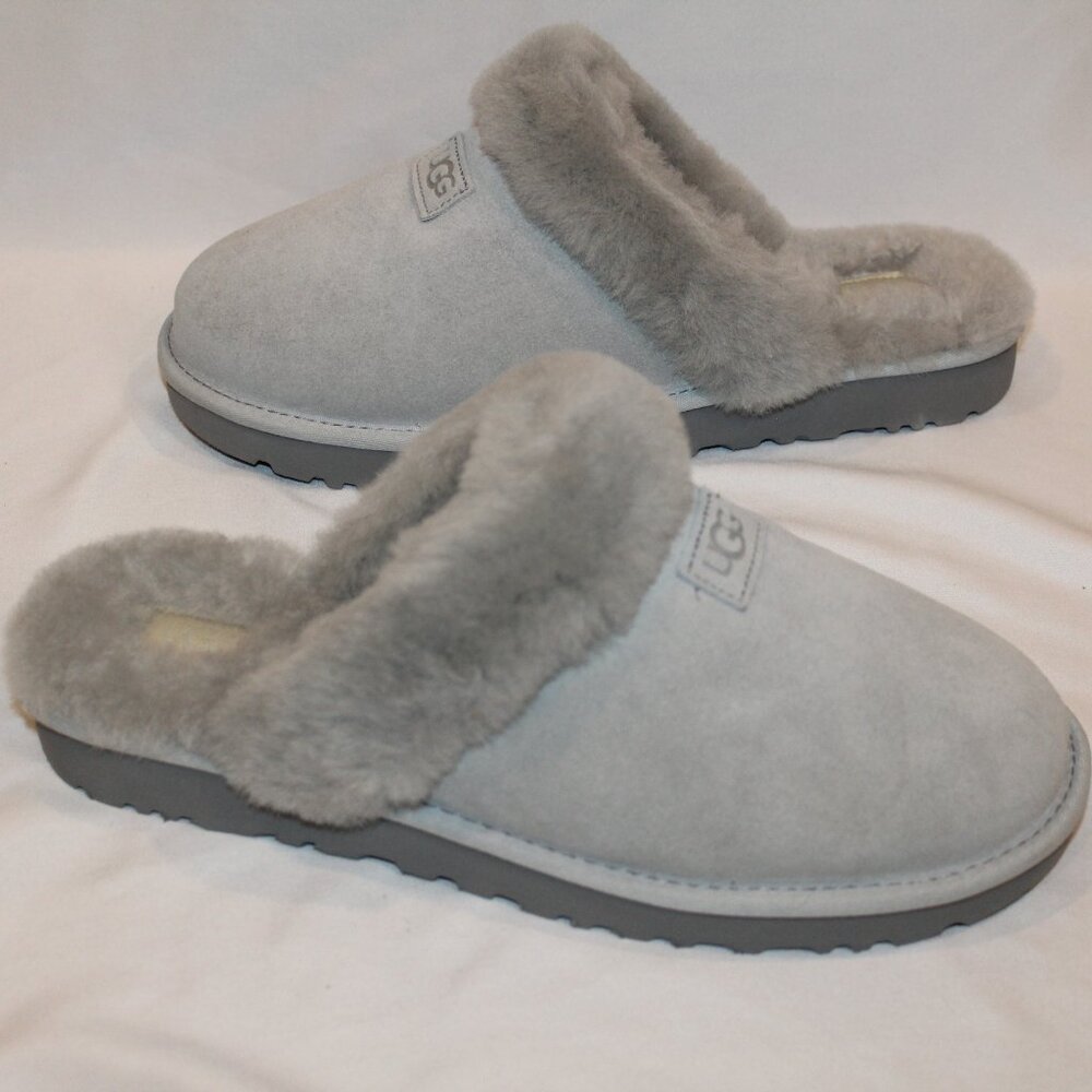 NEW UGG COZY WOMEN'S SUEDE SHEARLING LINED GRAY SLIPPERS‎ SZ 12